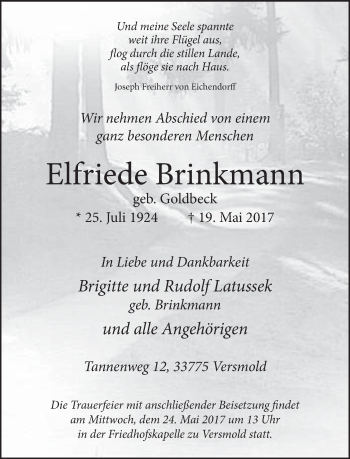 Traueranzeige von Elfriede Brinkmann von Neue Westfälische