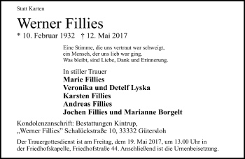 Traueranzeige von Werner Fillies von Neue Westfälische