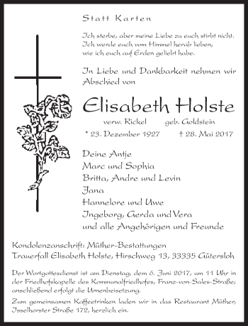 Traueranzeige von Elisabeth Holste von Neue Westfälische
