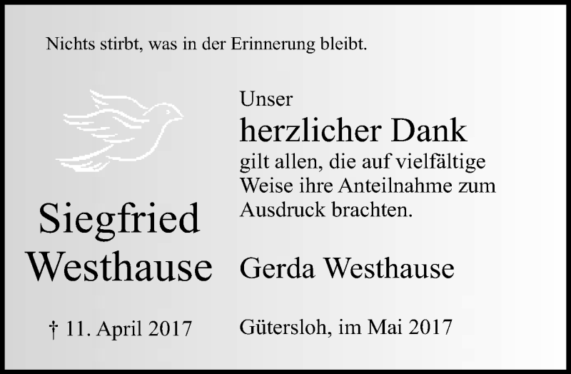  Traueranzeige für Siegfried Westhause vom 06.05.2017 aus Neue Westfälische