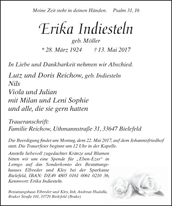 Traueranzeige von Erika Indiesteln von Neue Westfälische