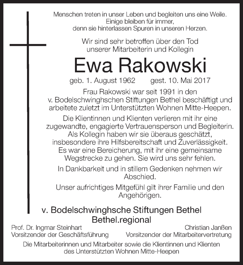  Traueranzeige für Ewa Rakowski vom 20.05.2017 aus Neue Westfälische