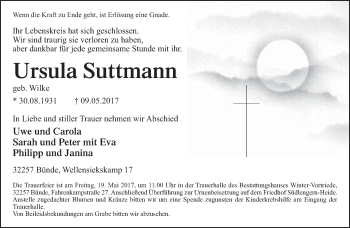 Traueranzeige von Ursula Suttmann von Neue Westfälische