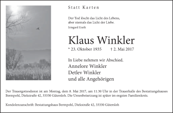 Traueranzeige von Klaus Winkler von Neue Westfälische