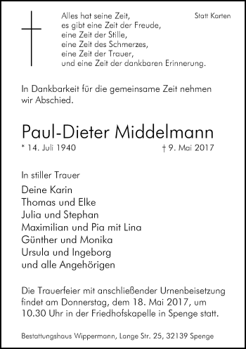 Traueranzeige von Paul-Dieter Middelmann von Neue Westfälische