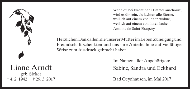  Traueranzeige für Liane Arndt vom 10.05.2017 aus Neue Westfälische