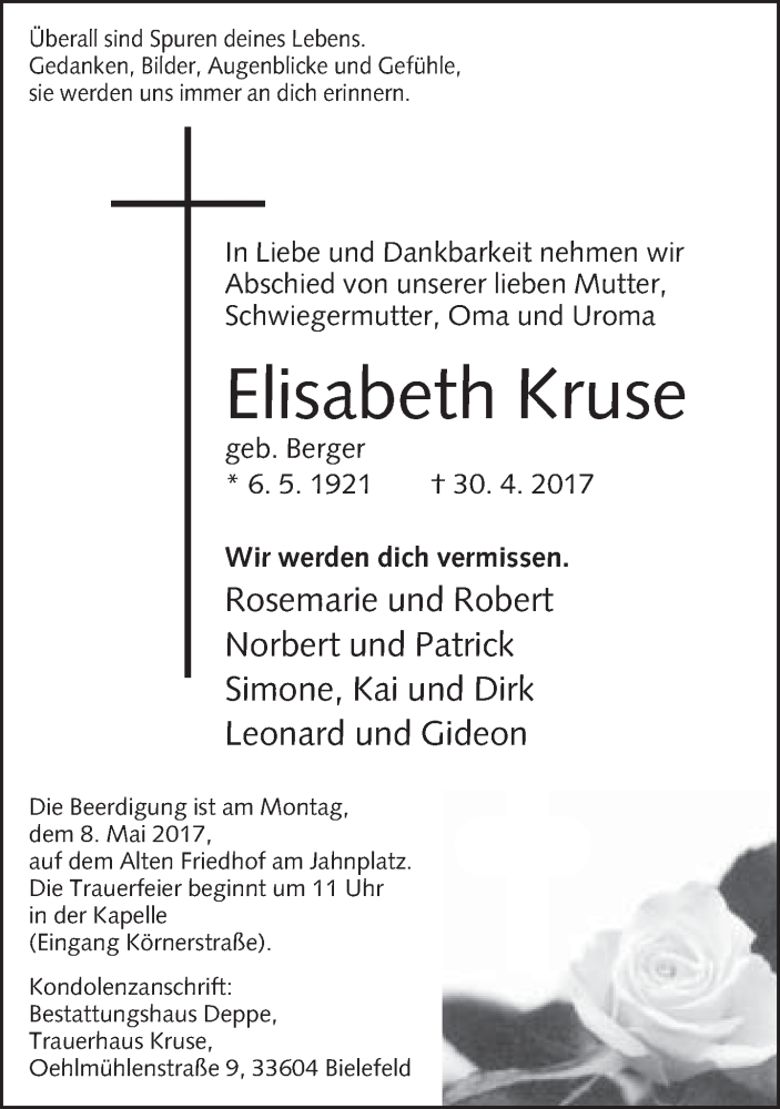  Traueranzeige für Elisabeth Kruse vom 04.05.2017 aus Neue Westfälische