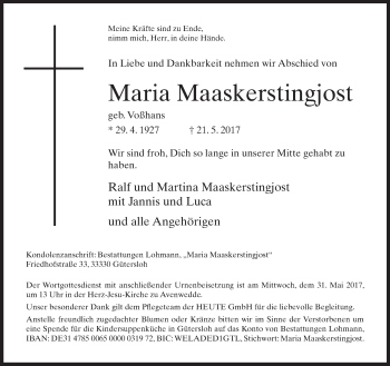 Traueranzeige von Maria Maaskerstingjost von Neue Westfälische