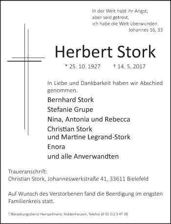 Traueranzeige von Herbert Stork von Neue Westfälische