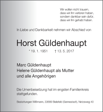 Traueranzeige von Horst Güldenhaupt von Neue Westfälische