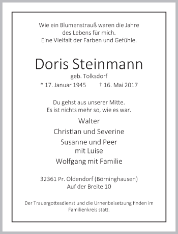 Traueranzeige von Doris Steinmann von Neue Westfälische
