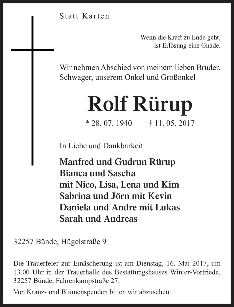  Traueranzeige für Rolf Rürup vom 13.05.2017 aus Neue Westfälische