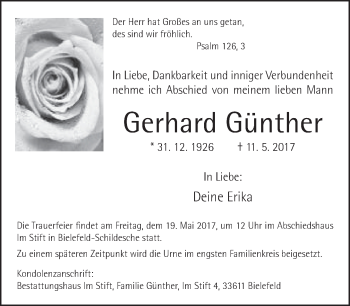 Traueranzeige von Gerhard Günther von Neue Westfälische