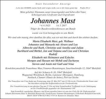 Traueranzeige von Johannes Mast von Neue Westfälische