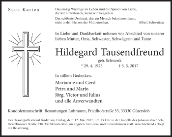 Traueranzeige von Hildegard Tausendfreund von Neue Westfälische