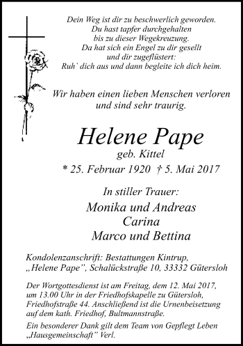 Traueranzeige von Helene Pape von Neue Westfälische