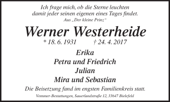 Traueranzeige von Werner Westerheide von Neue Westfälische