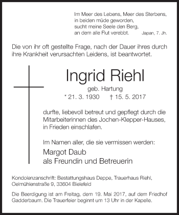 Traueranzeige von Ingrid Riehl von Neue Westfälische