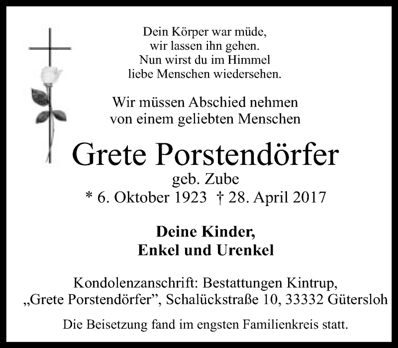  Traueranzeige für Grete Porstendörfer vom 05.05.2017 aus Neue Westfälische