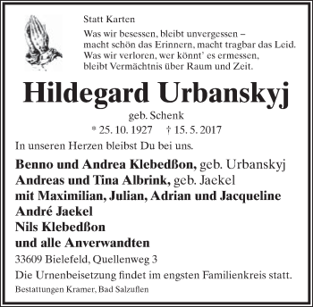 Traueranzeige von Hildegard Urbankskyj von Neue Westfälische