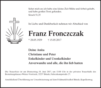 Traueranzeige von Franz Fronczczak von Neue Westfälische