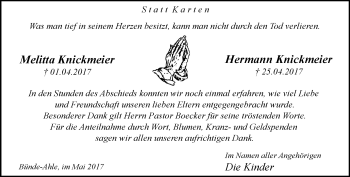 Traueranzeige von Melitta und Hermann Knickmeier von Neue Westfälische