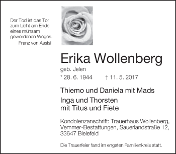 Traueranzeige von Erika Wollenberg von Neue Westfälische
