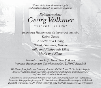 Traueranzeige von Georg Volkmer von Neue Westfälische