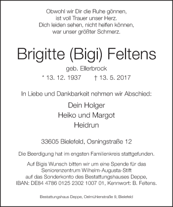 Traueranzeige von Brigitte Feltens von Neue Westfälische