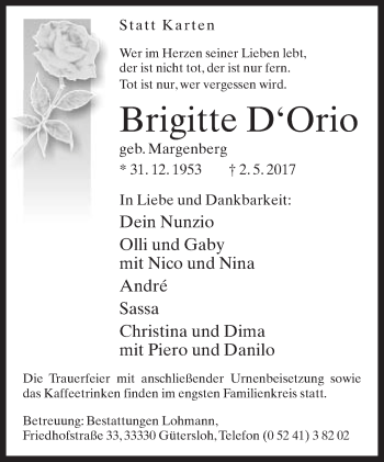Traueranzeige von Brigitte D'Orio von Neue Westfälische