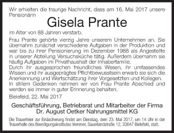 Traueranzeige von Gisela Prante von Neue Westfälische