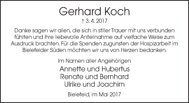  Traueranzeige für Gerhard Koch vom 06.05.2017 aus Neue Westfälische