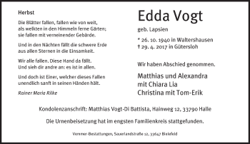 Traueranzeige von Edda Vogt von Neue Westfälische