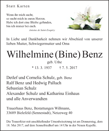 Traueranzeige von Wilhelmine Benz von Neue Westfälische