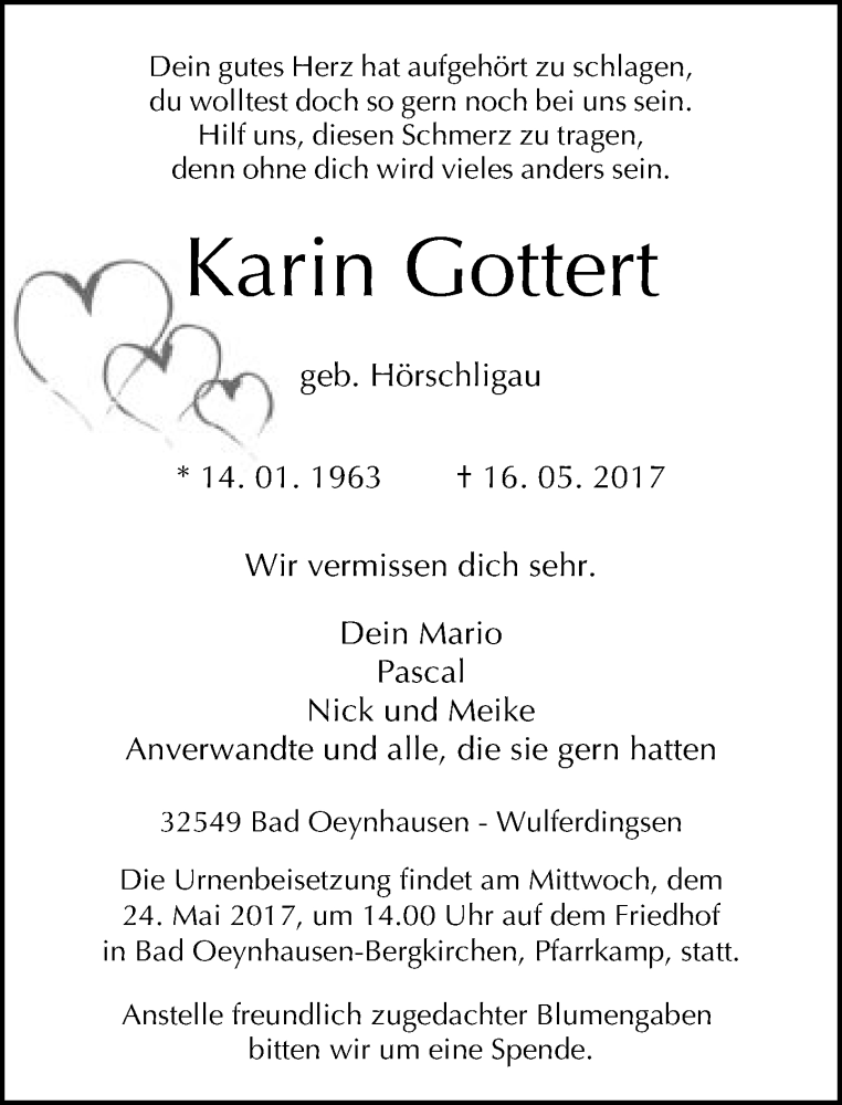  Traueranzeige für Karin Gottert vom 20.05.2017 aus Neue Westfälische