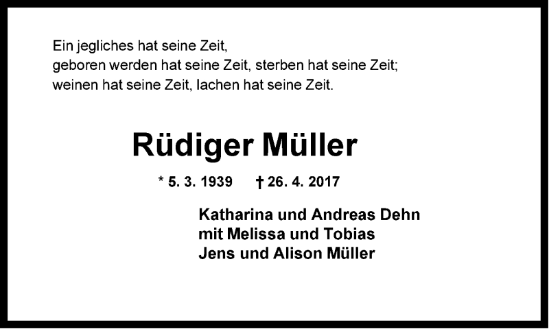  Traueranzeige für Rüdiger Müller vom 06.05.2017 aus Neue Westfälische