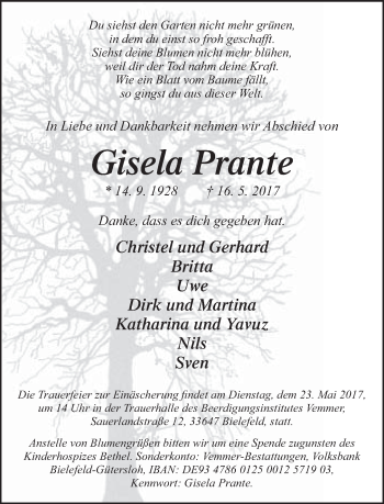 Traueranzeige von Gisela Prante von Neue Westfälische