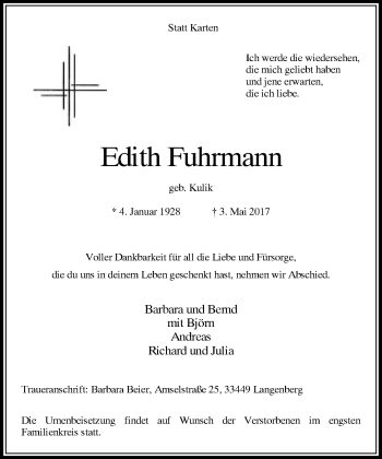 Traueranzeige von Edith Fuhrmann von Neue Westfälische