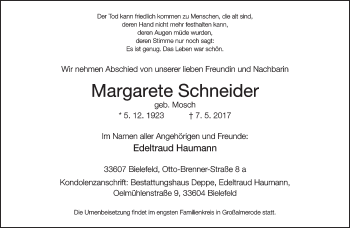 Traueranzeige von Margarete Schneider von Neue Westfälische