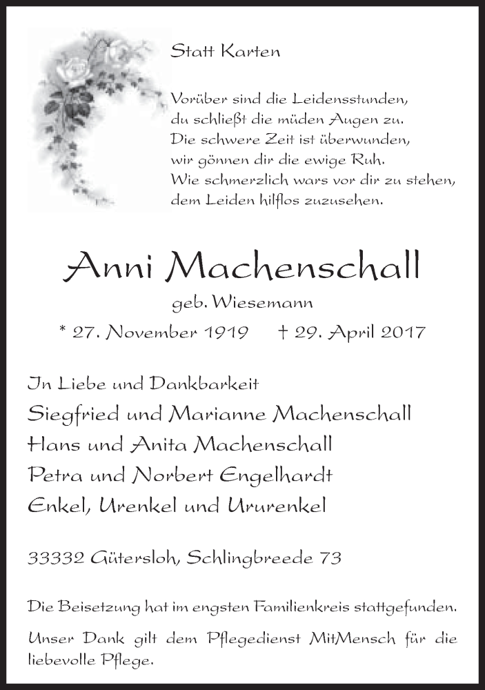  Traueranzeige für Anni Machenschall vom 04.05.2017 aus Neue Westfälische