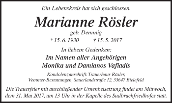 Traueranzeige von Marianne Rösler von Neue Westfälische