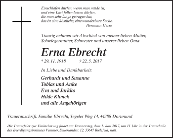 Traueranzeige von Erna Ebrecht von Neue Westfälische