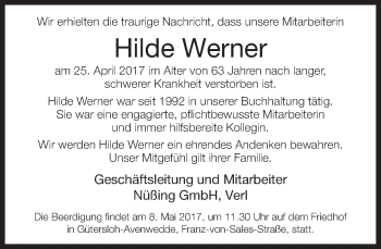 Traueranzeige von Hilde Werner von Neue Westfälische