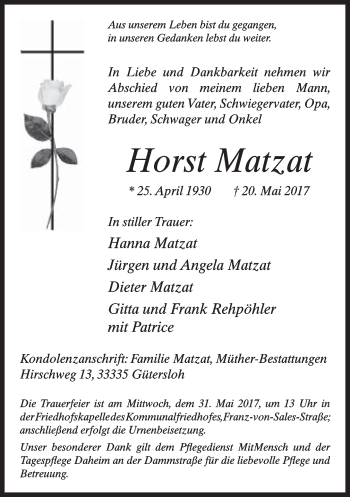Traueranzeige von Horst Matzat von Neue Westfälische
