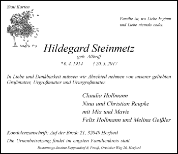 Traueranzeige von Hildegard Steinmetz von Neue Westfälische