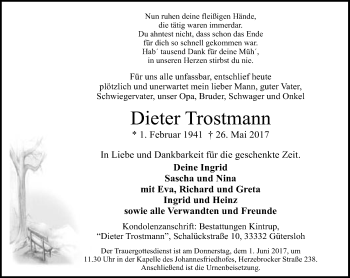 Traueranzeige von Dieter Trostmann von Neue Westfälische