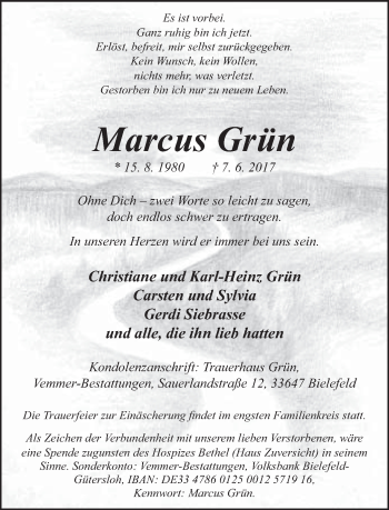 Traueranzeige von Marcus Grün von Neue Westfälische