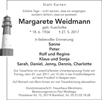 Traueranzeige von Margarete Weidmann von Neue Westfälische