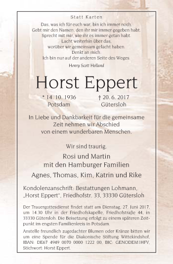 Traueranzeige von Horst Eppert von Neue Westfälische