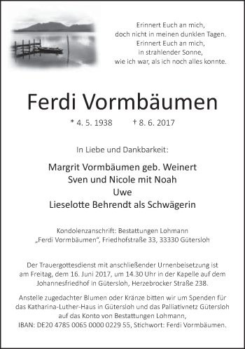 Traueranzeige von Ferdi Vormbäumen von Neue Westfälische